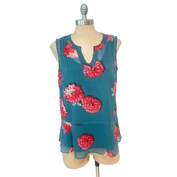 CABI Blushing Blouse 3445 Teal Blue Pink Sleeveless Peplum Ruffle Tank Medium - Picture 2 of 5